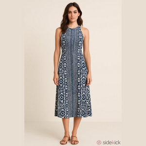 Japna Blue and White Patterned Midi Dress